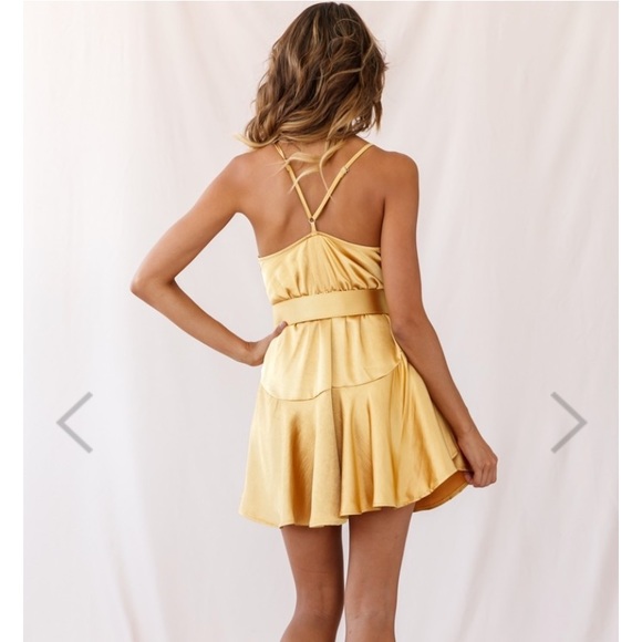 Selfie Leslie Belted Satin Cowl Neck Dress - Mustard - Picture 3 of 14